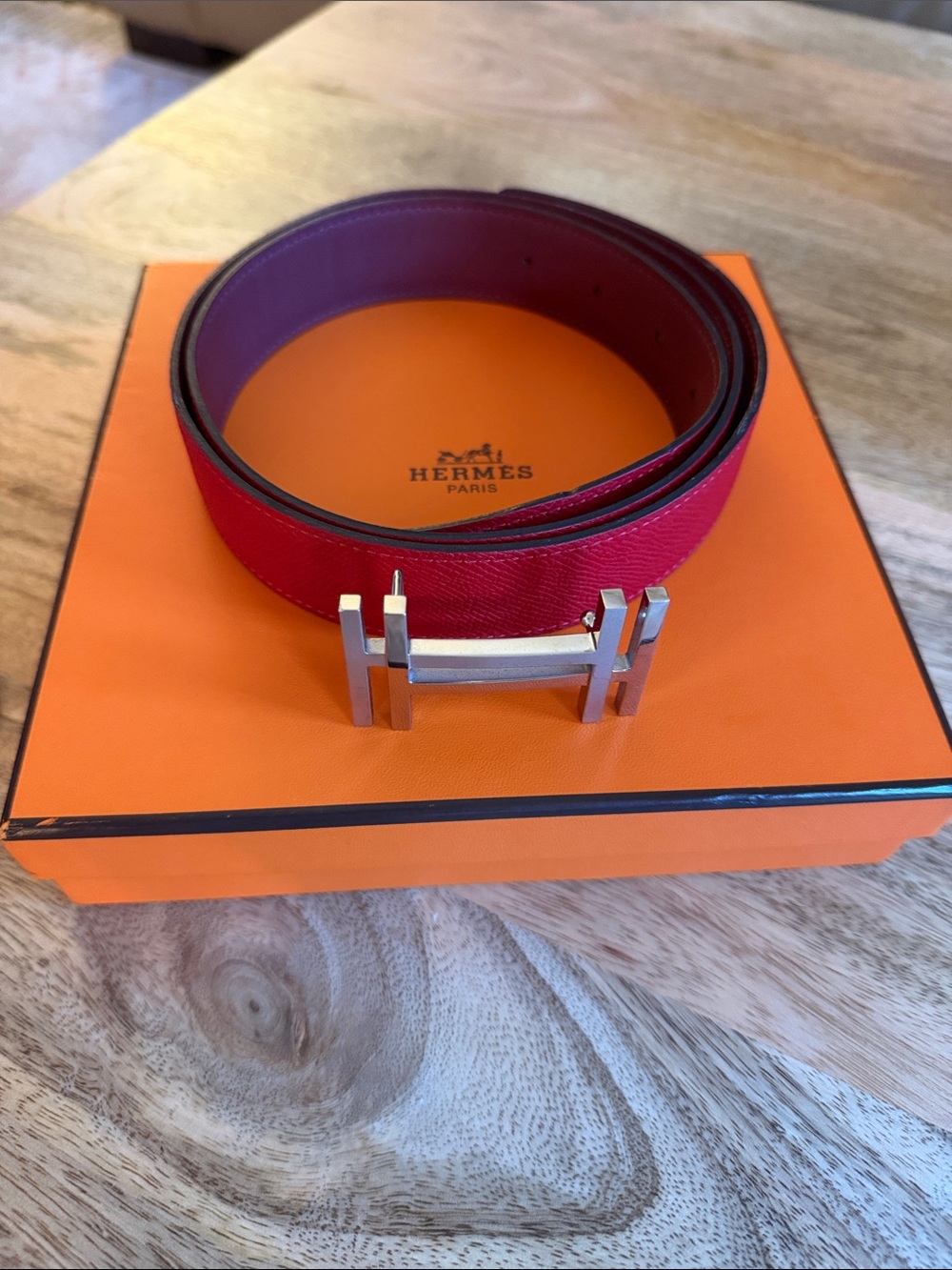 Hermes Red Leather Belt with Silver H Buckle